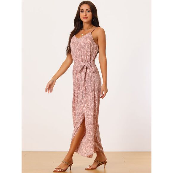 Spaghetti Straps Sleeveless V Neck Tie Waist Split Wide Leg Jumpsuits Dusty Pink - Picture 2 of 5